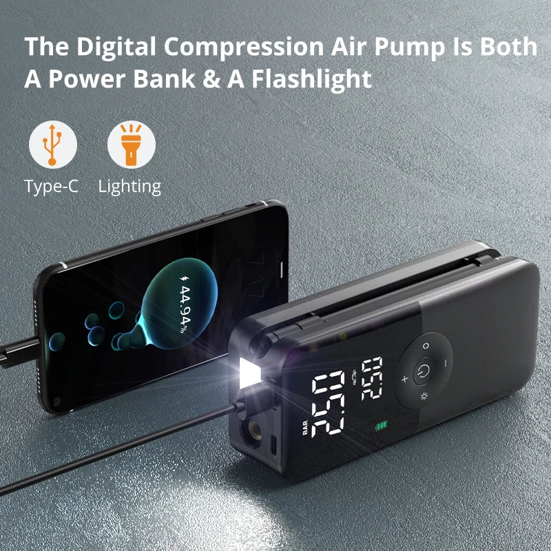 Inflador de neumáticos portátil, compresor de aire inalámbrico y recargable con pantalla digital para coches, motocicletas, bicicletas y balones