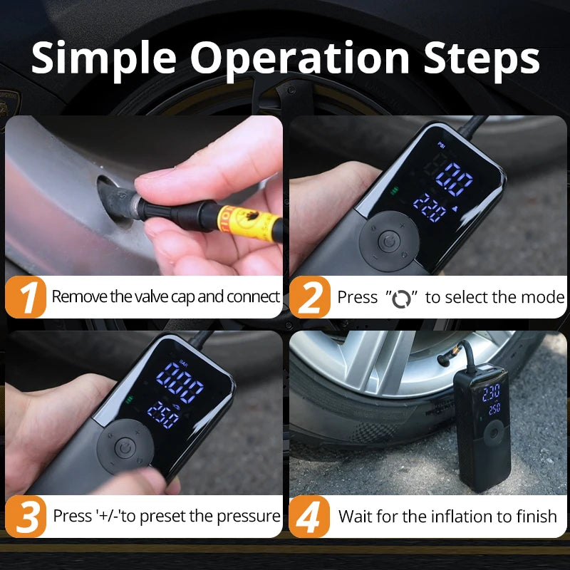 Inflador de neumáticos portátil, compresor de aire inalámbrico y recargable con pantalla digital para coches, motocicletas, bicicletas y balones